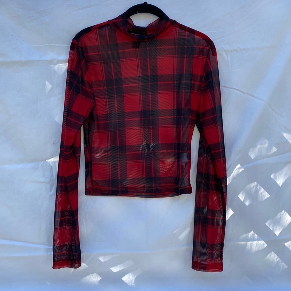 StreetWear Society Plaid Mesh Cropped Long-sleeve With Mock Neck